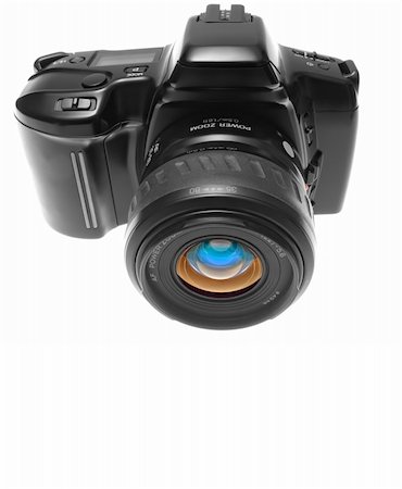 A black SLR photographic camera. View from the front and top. Whitespace under the camera. Isolated over white background. Foto de stock - Super Valor sin royalties y Suscripción, Código: 400-04466630