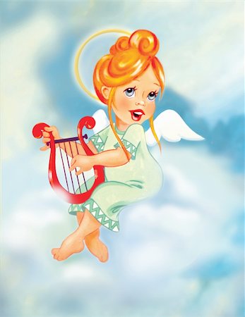 little girl angel sitting on clouds and singing on harp Photographie de stock - Aubaine LD & Abonnement, Code: 400-04467922