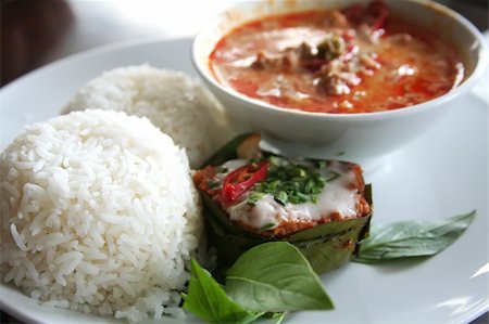 Thai dish of spicy curry steamed fish pudding and rice traditional cuisine Stock Photo - Budget Royalty-Free & Subscription, Code: 400-04468973