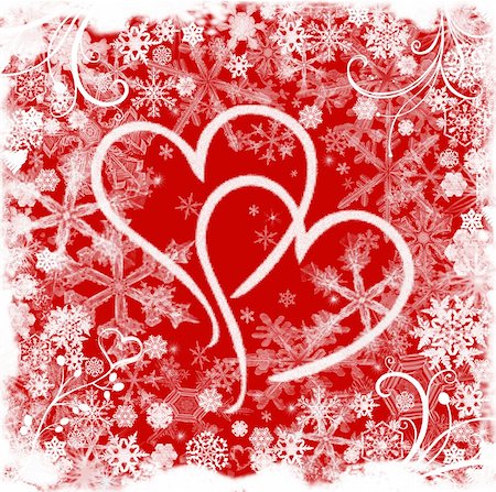 simsearch:400-03988311,k - Red white illustrated valentine background with hearts, snowflakes and flowers Stock Photo - Budget Royalty-Free & Subscription, Code: 400-04469671