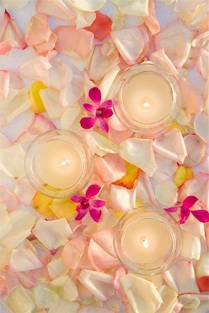 Above view of lit candles with purple orchids and rose petals. Stock Photo - Budget Royalty-Free & Subscription, Code: 400-04463294