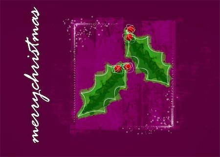 christmas holly with merry christmas wording, snowflake and dots, grunge background - red and green on purple background Foto de stock - Super Valor sin royalties y Suscripción, Código: 400-04474910