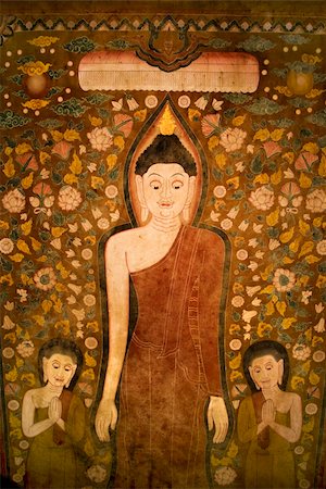 disciple - Buddha and two disciples on old temple cotton scroll from Thailand. Photographie de stock - Aubaine LD & Abonnement, Code: 400-04475801