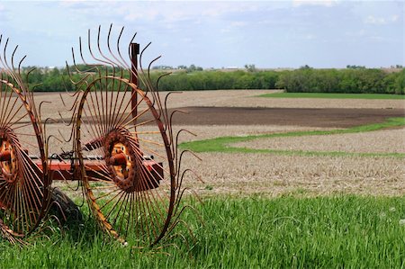 Farm equipment in SE Iowa fields - The hay rakes form windrows, gathering hay into rows for making bales. Stockbilder - Microstock & Abonnement, Bildnummer: 400-04476832