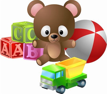 funny truck transport - An illustration of classic children’s toys; bear, alphabet blocks, ball and toy dumper truck Stock Photo - Budget Royalty-Free & Subscription, Code: 400-04477409