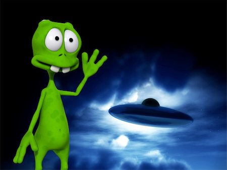 simsearch:400-06091348,k - An image of a cartoon alien waving at a UFO. Photographie de stock - Aubaine LD & Abonnement, Code: 400-04470365
