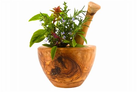 simsearch:400-04544414,k - Healing herbs and edible flowers (handcarved olive tree mortar and pestle) Stock Photo - Budget Royalty-Free & Subscription, Code: 400-04470697