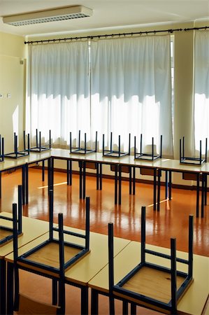 empty school chair - Schoolroom interior with chairs upside-down Stock Photo - Budget Royalty-Free & Subscription, Code: 400-04471352