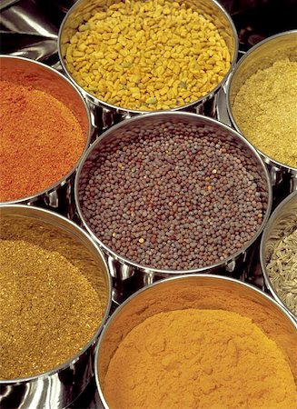 simsearch:633-01273283,k - Indian spices - Masala box containing fenugreek, curry, garam, black mustard seeds, chilli, cumin seeds. Stock Photo - Budget Royalty-Free & Subscription, Code: 400-04472227