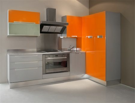 simsearch:700-03407942,k - New modern kitchen in orange with metal Foto de stock - Super Valor sin royalties y Suscripción, Código: 400-04485954