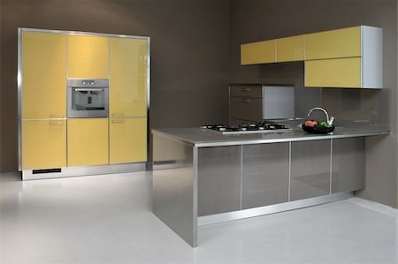 simsearch:600-03768696,k - New modern kitchen in yellow with metal Stockbilder - Microstock & Abonnement, Bildnummer: 400-04485955