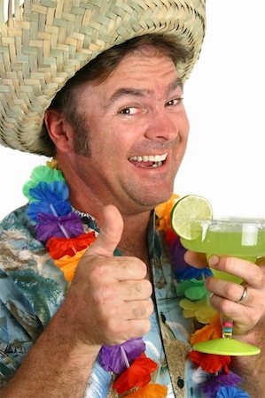 person in hawaiian shirt - A drunk tourist holding a margarita and giving a thumbs up. Stock Photo - Budget Royalty-Free & Subscription, Code: 400-04486196