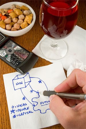 Ideas, charts, innovation on a cocktail napkin in a bar with wine and snacks Foto de stock - Royalty-Free Super Valor e Assinatura, Número: 400-04486657