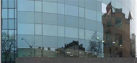 Old building be reflected from glass wall of new office's building in Kyiv Stock Photo - Budget Royalty-Free & Subscription, Code: 400-04487315