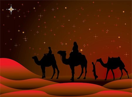 traditional christmas scene with camels and a starry sky Stockbilder - Microstock & Abonnement, Bildnummer: 400-04487708