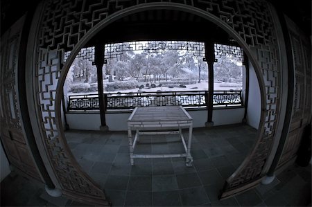 Infrared photo – chinese house abd table in the parks Stock Photo - Budget Royalty-Free & Subscription, Code: 400-04488489