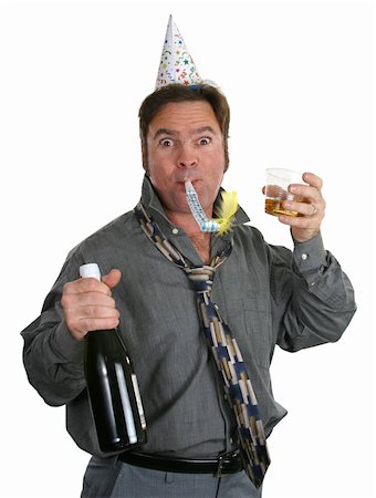 A guy at an office party with champagne, a noisemaker, a party hat and a goofy expression. Stock Photo - Budget Royalty-Free & Subscription, Code: 400-04482875
