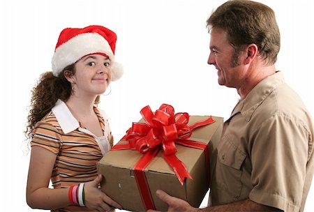 a girl receiving a Christmas gift delivered by a courier - isolated, horizontal Stock Photo - Budget Royalty-Free & Subscription, Code: 400-04482871