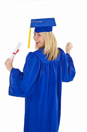 A female caucasian with blond hair standing in blue graduation gown and smiling.  She is on a white background. Stock Photo - Budget Royalty-Free & Subscription, Code: 400-04495081