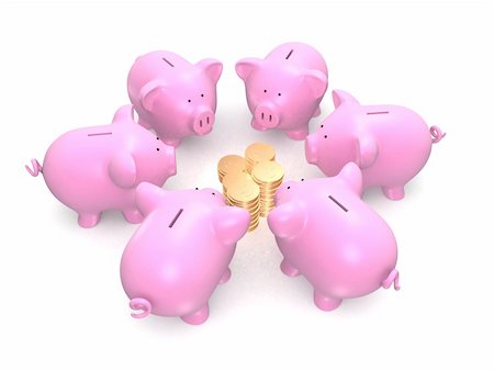 3d rendered illustration of some pink piggy banks and golden coins Stock Photo - Budget Royalty-Free & Subscription, Code: 400-04495682
