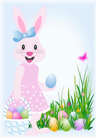 Laughing Easter female bunny in the grass with basket and eggs Foto de stock - Super Valor sin royalties y Suscripción, Código: 400-04496526