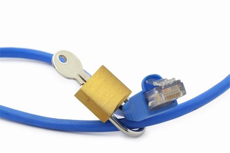 ethernet cords - concept of internet security, focus set on padlock, minimal shadow underneath Stock Photo - Budget Royalty-Free & Subscription, Code: 400-04497708