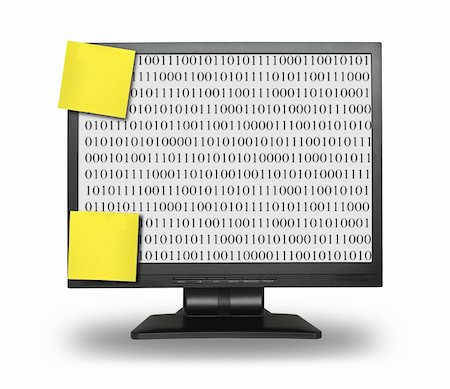 LCD display with abstract binary code and wo blank sticky notes, content inside is my property, gentle shadow behind and under LCD Fotografie stock - Microstock e Abbonamento, Codice: 400-04497946