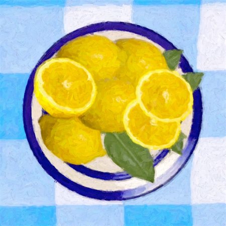 painting color for restaurant - Painting of lemons and lemon slices on a plate Photographie de stock - Aubaine LD & Abonnement, Code: 400-04498052