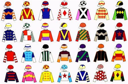 Jockey uniform designs. 28 fine and colorful drawings of various original Jockey Uniform. Fotografie stock - Microstock e Abbonamento, Codice: 400-04498295