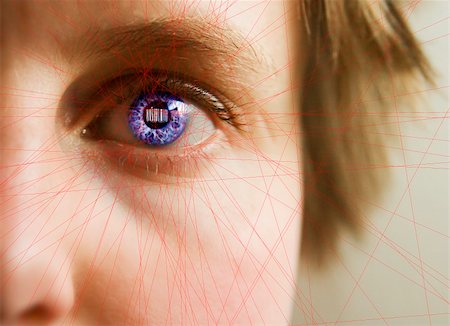 eye laser beam - Red laser lines scanning the face and retina of a woman.  The iris is overlayed with a bar code.  Security, big brother, privacy concept image. Foto de stock - Super Valor sin royalties y Suscripción, Código: 400-04490307
