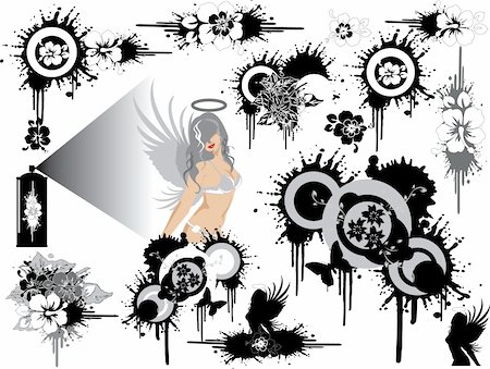 Black and white design elements, but you can fill it with other colors too. You can find a very detailed angel between the ornaments. And a spraycan with stunning spray effect. Stock Photo - Budget Royalty-Free & Subscription, Code: 400-04491340