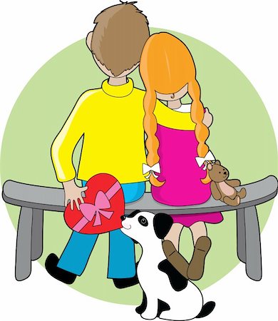 plait chocolate - A boy and girl sitting on a bench - a little dog is handing the boy a box of chocolates to give to the girl Stock Photo - Budget Royalty-Free & Subscription, Code: 400-04493881