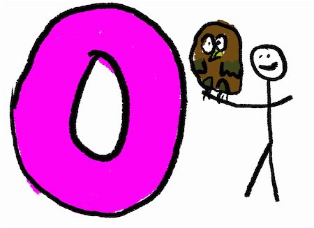 A childlike drawing of the letter O, with a stick person holding an owl Stock Photo - Budget Royalty-Free & Subscription, Code: 400-04504374