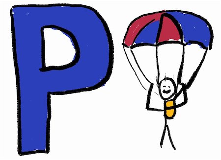 A childlike drawing of the letter P, with a stick person hanging from a parachute Stock Photo - Budget Royalty-Free & Subscription, Code: 400-04504375