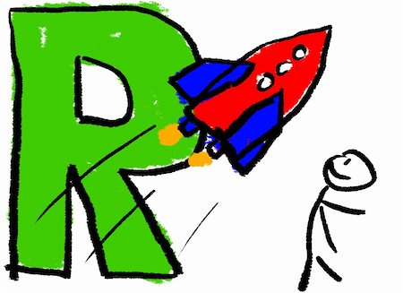 A childlike drawing of the letter R, with a stick man watching a Red Rocket Photographie de stock - Aubaine LD & Abonnement, Code: 400-04504377