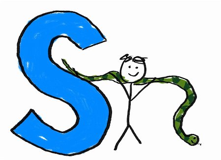 A childlike drawing of the letter S, with a stick man holding a snake Stock Photo - Budget Royalty-Free & Subscription, Code: 400-04504378