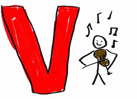 A childlike drawing of the letter V, with a stick man playing a violin Stock Photo - Budget Royalty-Free & Subscription, Code: 400-04504382