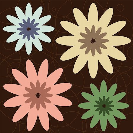 Graphic illustration of retro colored flowers against a brown background. Stock Photo - Budget Royalty-Free & Subscription, Code: 400-04504570