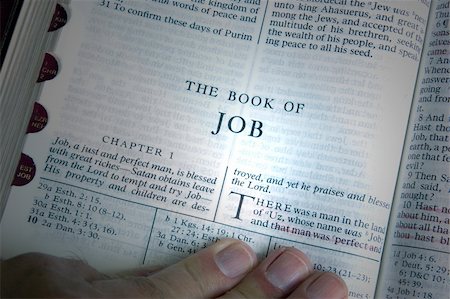 The bible is open to the book of Job. A hand is shown following the words. A beam of light highlights the reference. Stockbilder - Microstock & Abonnement, Bildnummer: 400-04505674