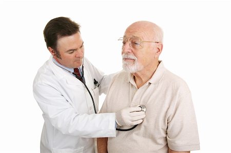 simsearch:400-04306104,k - Doctor listening to a senior patient's heartbeat.  Isolated on white. Stockbilder - Microstock & Abonnement, Bildnummer: 400-04508305