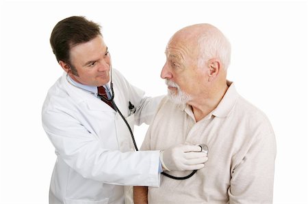 simsearch:400-04117274,k - Senior man being examined by a doctor.  He's asking the if he will be okay and the physician is reassuring him.  Isolated on white. Photographie de stock - Aubaine LD & Abonnement, Code: 400-04508307