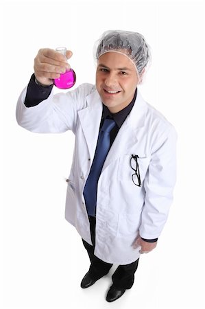 Chemist, cliniciaan, perfumer, naturapath  or other science or laboratory worker holding a mixed  solution in a round flask.  He is standing on a white background and showing a confident successful smile Stock Photo - Budget Royalty-Free & Subscription, Code: 400-04508415