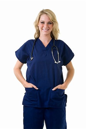 simsearch:400-03995908,k - Young pretty blond woman healthcare worker wearing blue scrubs and a stethoscope standing on white Stock Photo - Budget Royalty-Free & Subscription, Code: 400-04500275