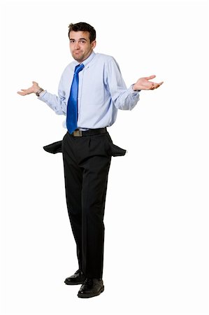 simsearch:400-06634114,k - Full body of a handsome brunette young business man standing on white holding out empty pant pockets Fotografie stock - Microstock e Abbonamento, Codice: 400-04501774