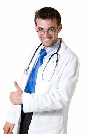 Young attractive man doctor wearing white lab coat holding thumb up wearing a stethoscope around shoulders smiling standing on white background Stock Photo - Budget Royalty-Free & Subscription, Code: 400-04501775