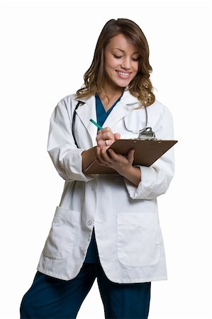 simsearch:400-03995908,k - Female attractive doctor wearing white lab coat with a stethoscope around shoulders looking down and writing on a clipboard chart standing on white background Stock Photo - Budget Royalty-Free & Subscription, Code: 400-04501794