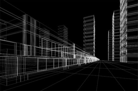 simsearch:400-05343910,k - 3D rendering wireframe of office buildings, black background. Concept - modern city, modern architecture and designing. Photographie de stock - Aubaine LD & Abonnement, Code: 400-04502501