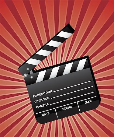 Open movie clapboard with red beams background. Vector. Stock Photo - Budget Royalty-Free & Subscription, Code: 400-04503426
