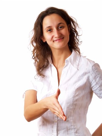 Woman holding hand out and smiling Stock Photo - Budget Royalty-Free & Subscription, Code: 400-04503549