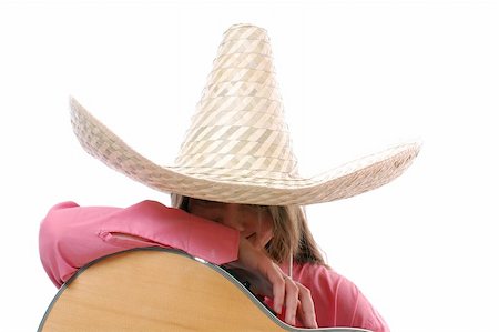 simsearch:400-05263090,k - pretty woman in large cowboy hat sitting with guitar, white background Foto de stock - Super Valor sin royalties y Suscripción, Código: 400-04517089